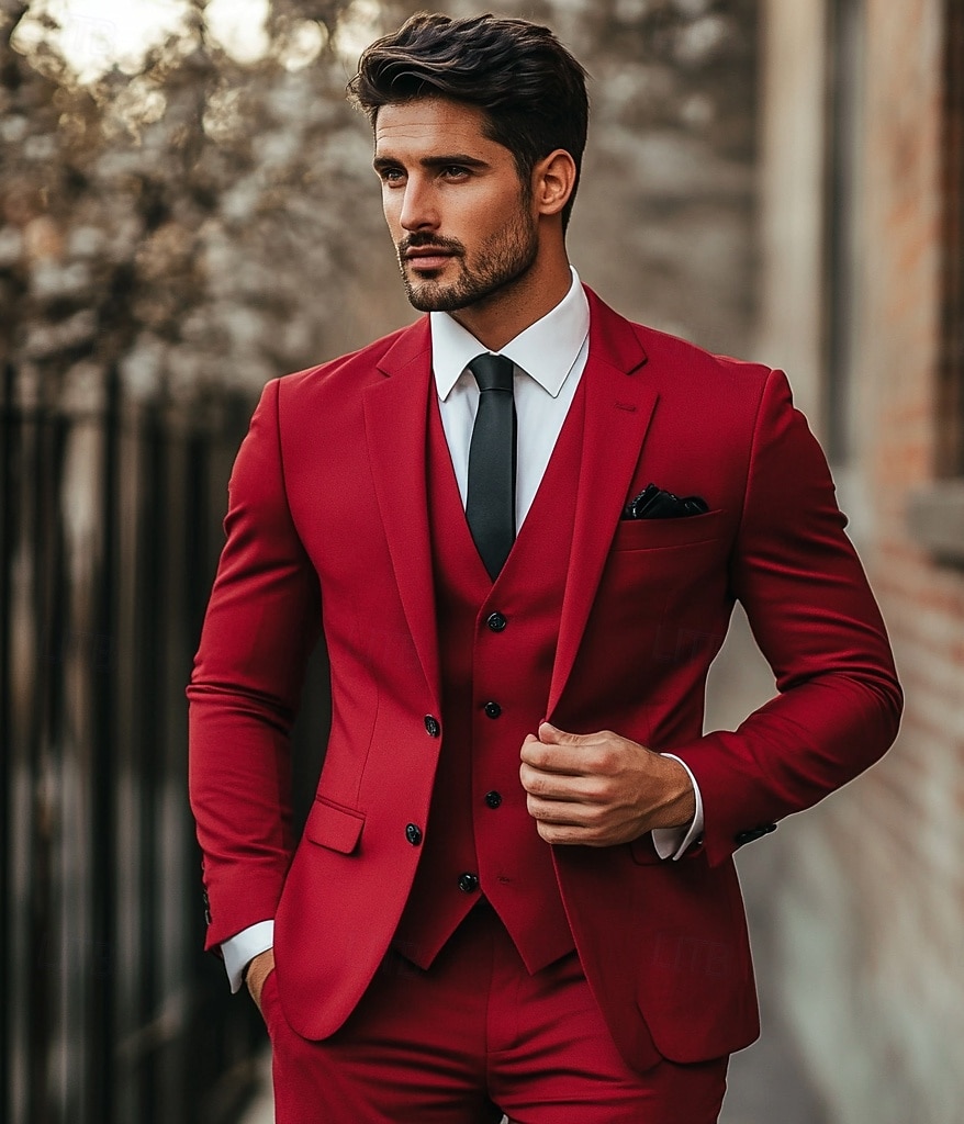 Costumele de nuntă pentru bărbați roșu modă zilnic vară colorate uniforme croi standard 3 piese cu două nasturi 2025 - $136.99 –P2
