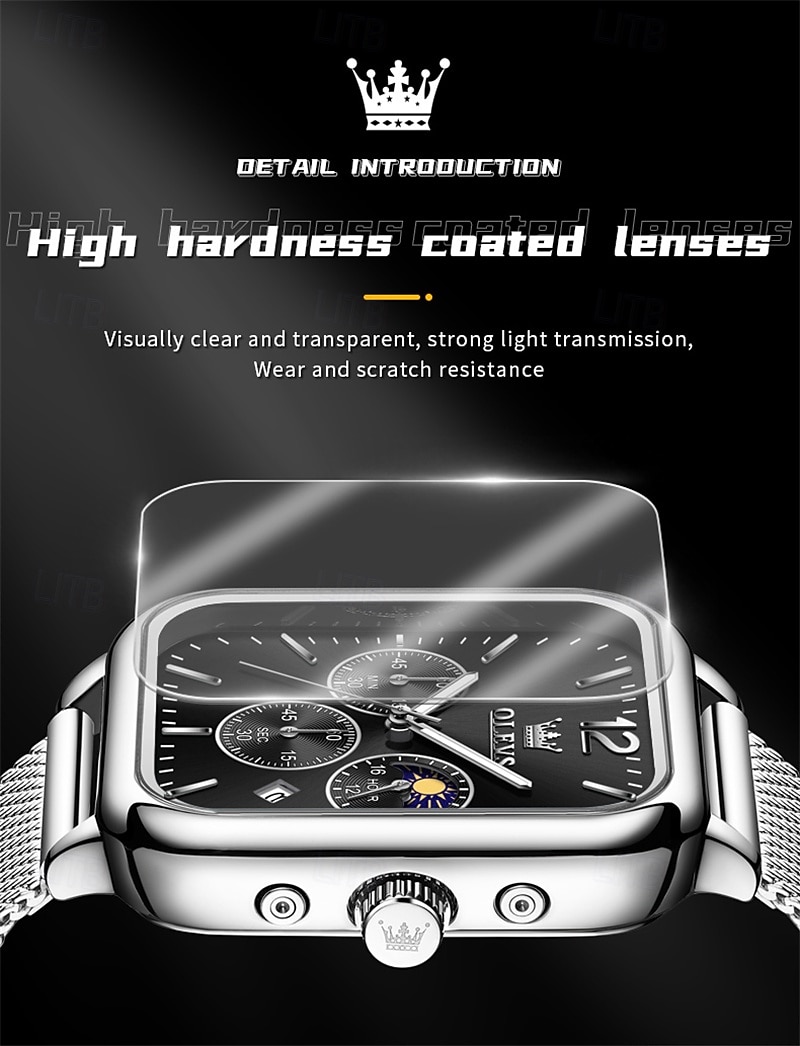 nouvelle marque olevs olevs tendance montres pour hommes cadran carré calendrier lumineux des phases de lune multifonction ceinture en maille à trois yeux montre à quartz à phases de lune de 2025 ? $29.99 –P10