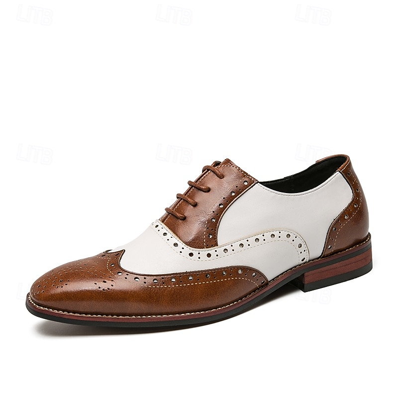 Zapatos Oxford con punta de ala en marrón y blanco para hombre, zapatos de vestir vintage de cuero genuino inspirados en Gatsby para fiestas, bodas y eventos formales de la década de 1920. 2026 - $59.99 –P1