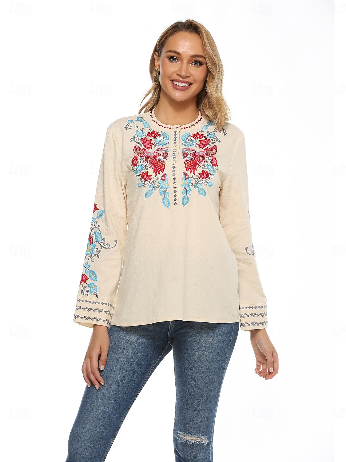 Dam Boho skjorta Linneinspirerade skjortor Blommig Blomma Ledigt Långärmad Biskop Rund hals Hög hals Vanliga toppar Alla hjärtans dag Arbete Dagligen Broderad Beige Vår, Höst, Vinter, Sommar 2025 - $34.99 –P1
