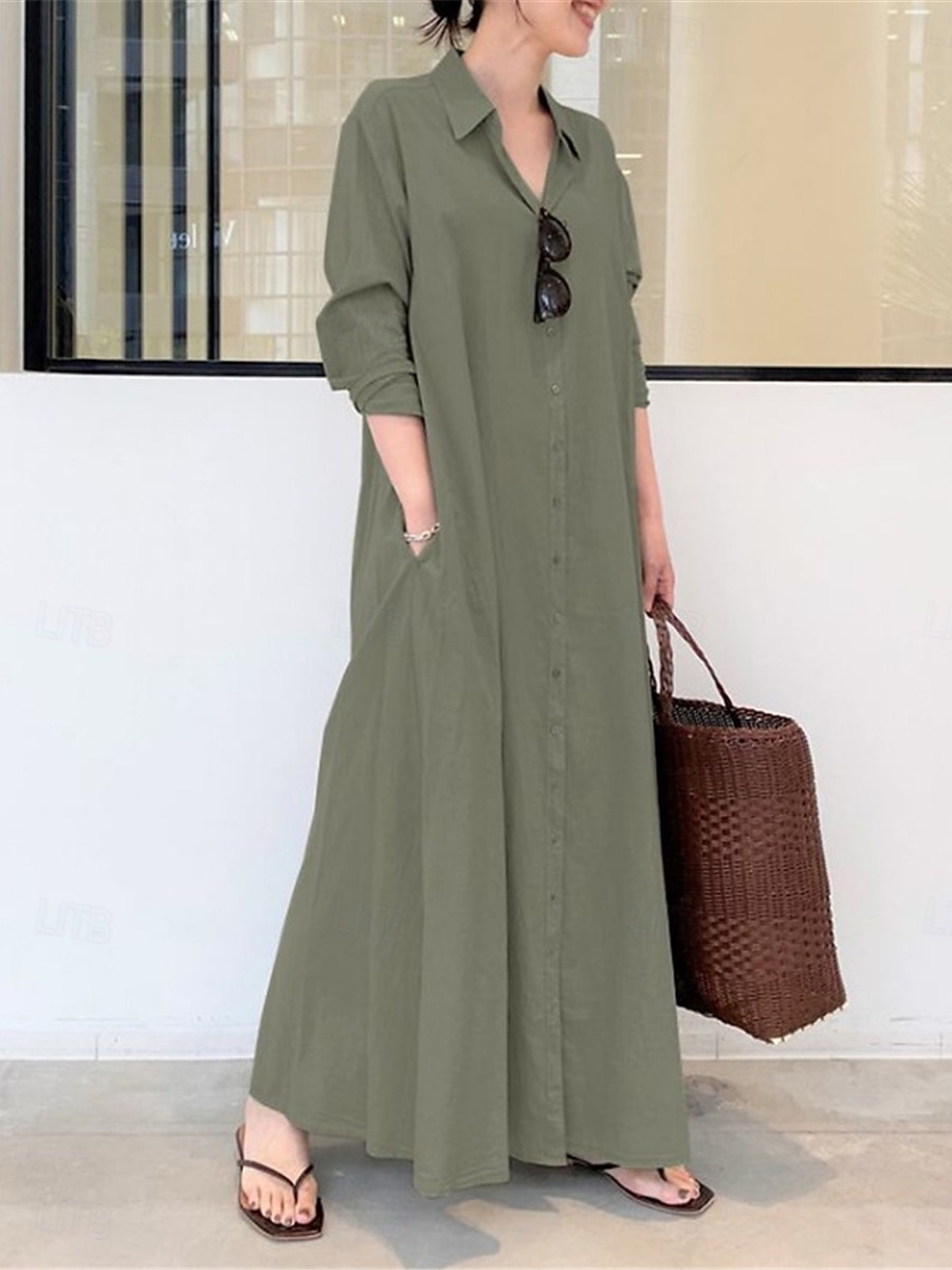 Robe chemise Robe casual Robe unie Femme Robe Maxi Bouton Poche Sport & Loisir Plein Air Décontractées Col de Chemise manche longue Standard Noir Vert Café S M L XL 2XL de 2025 ? $31.99 –P1