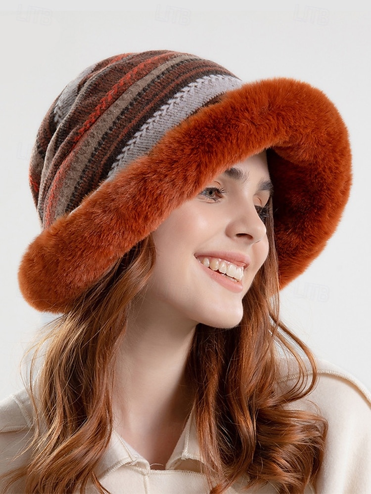 Women's Cozy Faux Fur Winter Hat – Vintage Striped Knit Bucket Hat with Warm Plush Lining 2025 - $14.99 –P1