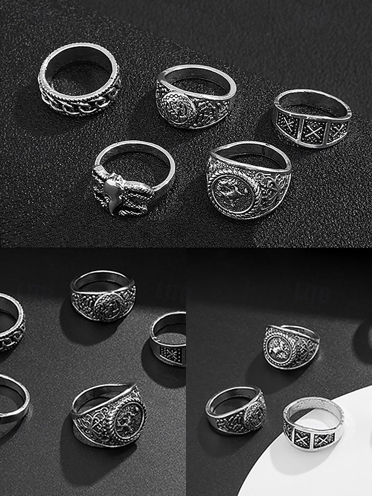 Vintage Style Men's Silver Alloy Ring Set with Geometric and Engraved Patterns – Retro Fashion Accessories for Everyday Wear 2025 - $11.99 –P5