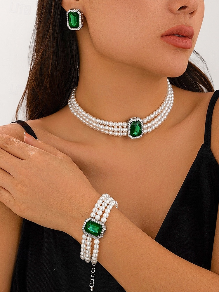 Elegant Women's Pearl Choker Necklace Set with Green Gemstone and Matching Bracelet & Earrings – Formal Occasion Jewelry 2025 - $14.99 –P1