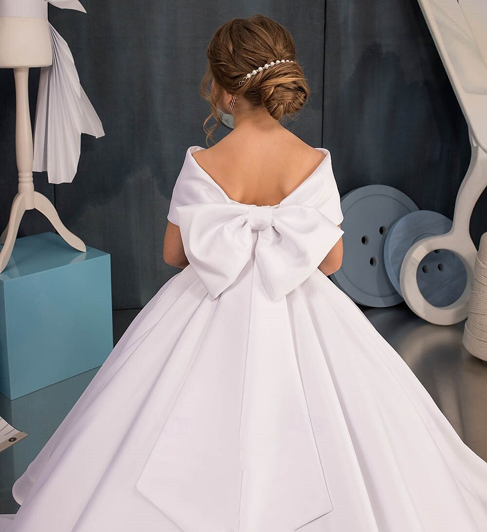 abito da damigella con strascico a trapezio e strascico a spazzola, festa di nozze, frozen anna, grazioso abito da ballo in raso e chiffon con fiocco/i, elegante mini abito da sposa, taglia 3-16 anni del 2025 a $105.99 –P2