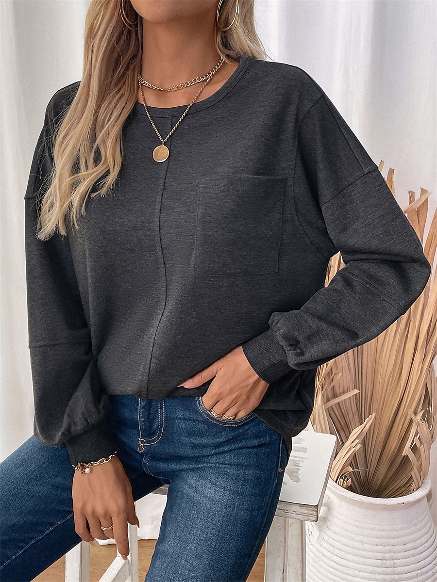 naisten collegepaita rento plain street dailywear pyöreä kaulaprintti pitkähihainen tummanharmaa syksy talvi 2025 - $36.99 –P5