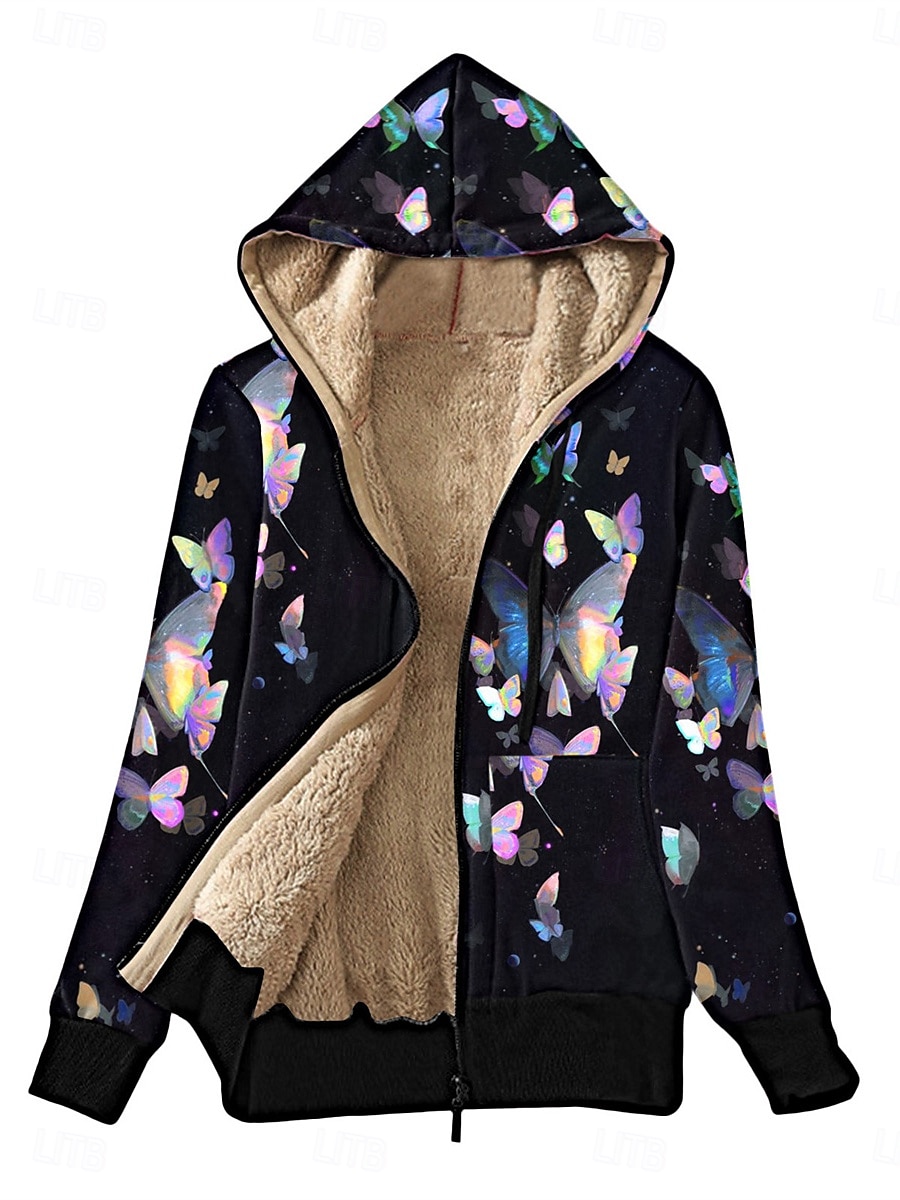 Femme Veste Polaire Manteau en peluche Veste à capuche Chaud Respirable Zippé Poche Doublé en Polaire Décontractées Papillon Vacances Plein Air Usage quotidien Sortie fermeture Éclair Normal Sweat de 2025 ? $32.99 –P4