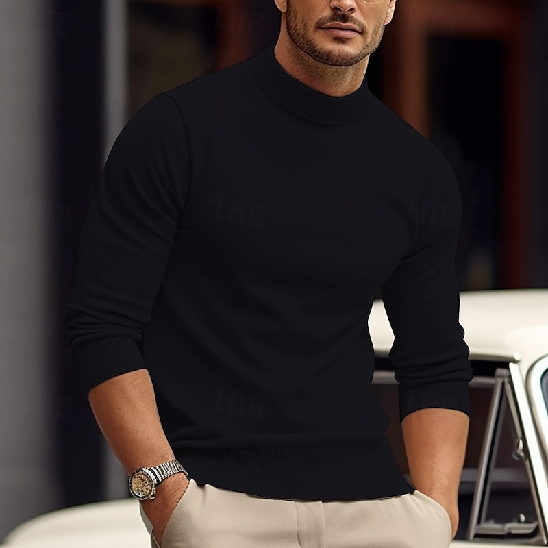 Men's Pullover Sweater Jumper Knit Sweater Ribbed Knit Knitted Plain Mock Neck Basic Keep Warm Daily Wear Vacation Clothing Apparel Fall & Winter Black White S M L 2025 - $28.99 –P18