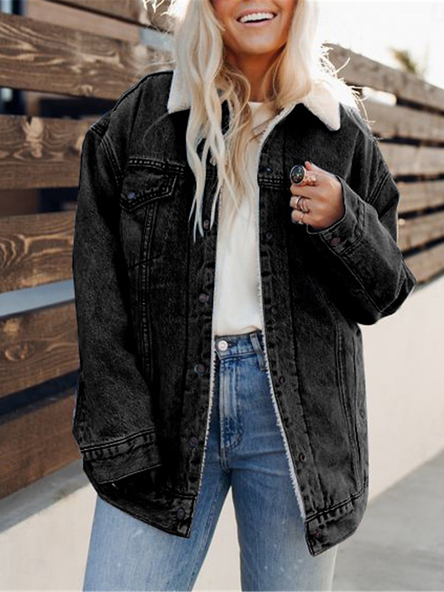 Dame Fleece-jakke Teddyfrakk Denimjakker Hold Varm Pustende Lomme Fleece Lined Fritid عادي Feriereise Gate Dagligdagstøy Ut på byen Enkeltkneppet Normal Aftæpning Normal Langermet Yttertøy Svart Bl 2025 - $41.99 –P6