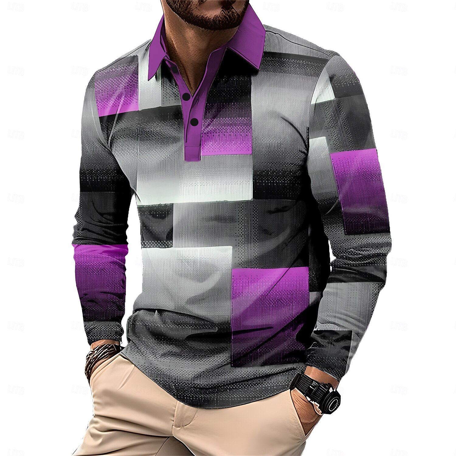Herr Rutig Pikétröjor Golf pikétröjor Långärmad Polotröjor Krage Business Casual Formell Semester Vardag Friluftskläder Knappar 3D-utskrift Vår Höst vinter Svart Gul Rubinrött 2025 - $23.99 –P7
