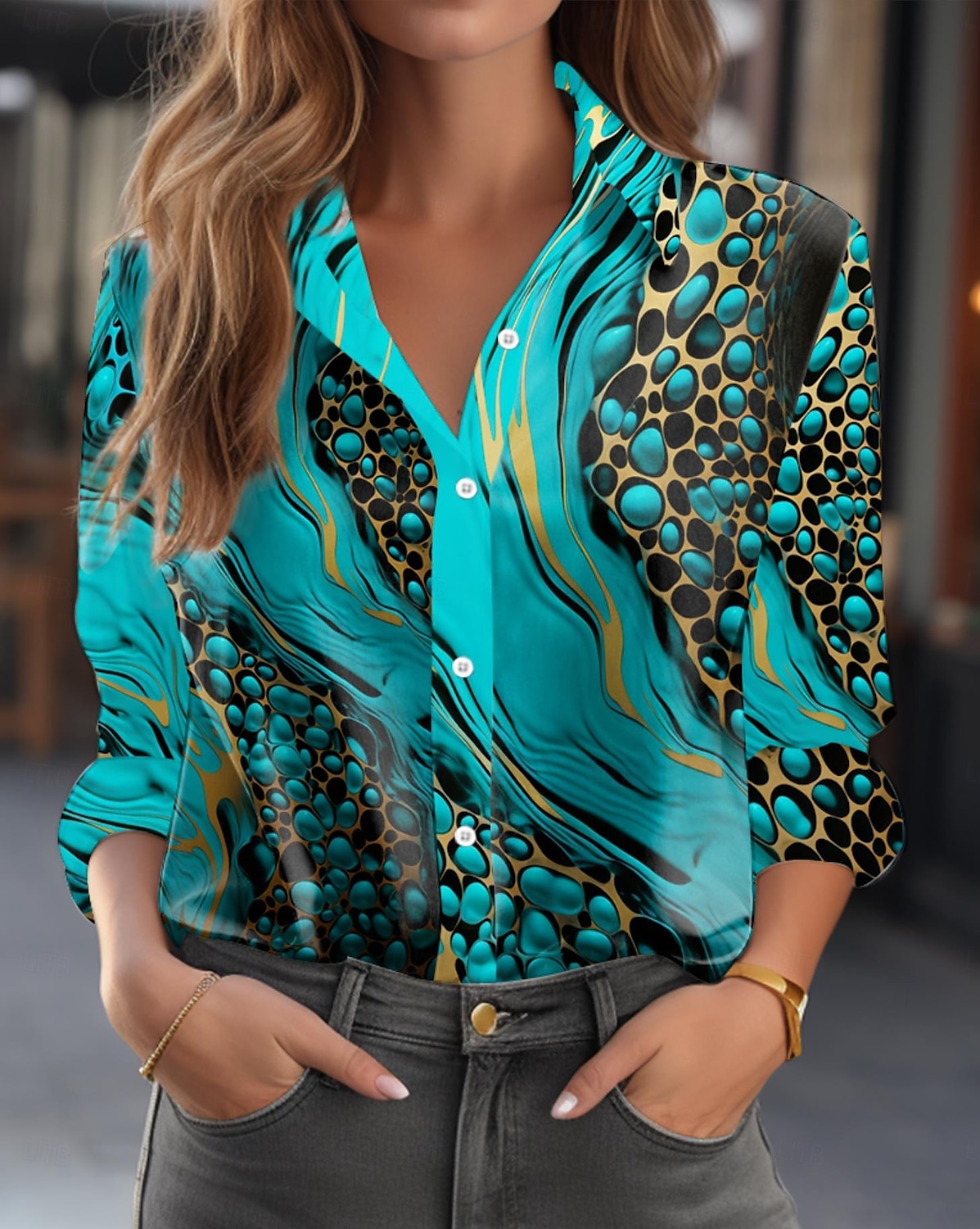 Camicia da donna a maniche lunghe con bottoni Blusa quotidiana Collo a giro Green Primavera Autunno Inverno del 2025 a $26.99 –P1