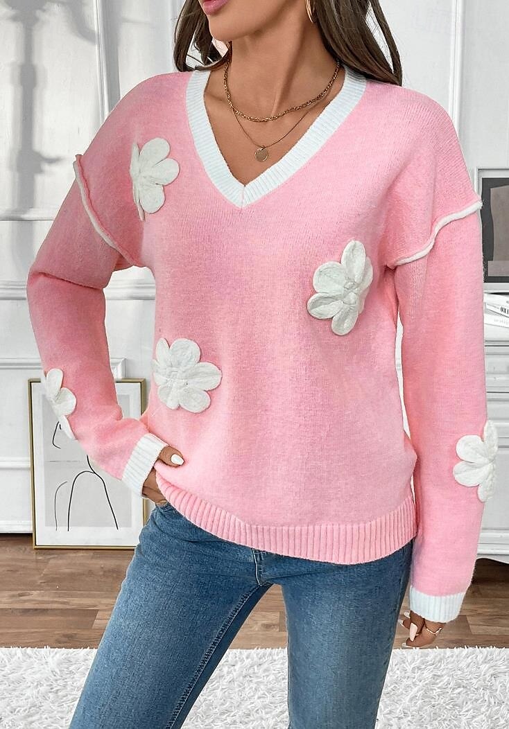 Women's Sweater Crew Neck Knit Embroidery Spring Fall Elegant 3/4 Length Sleeve Solid Color Pink 2025 - $61.99 –P3