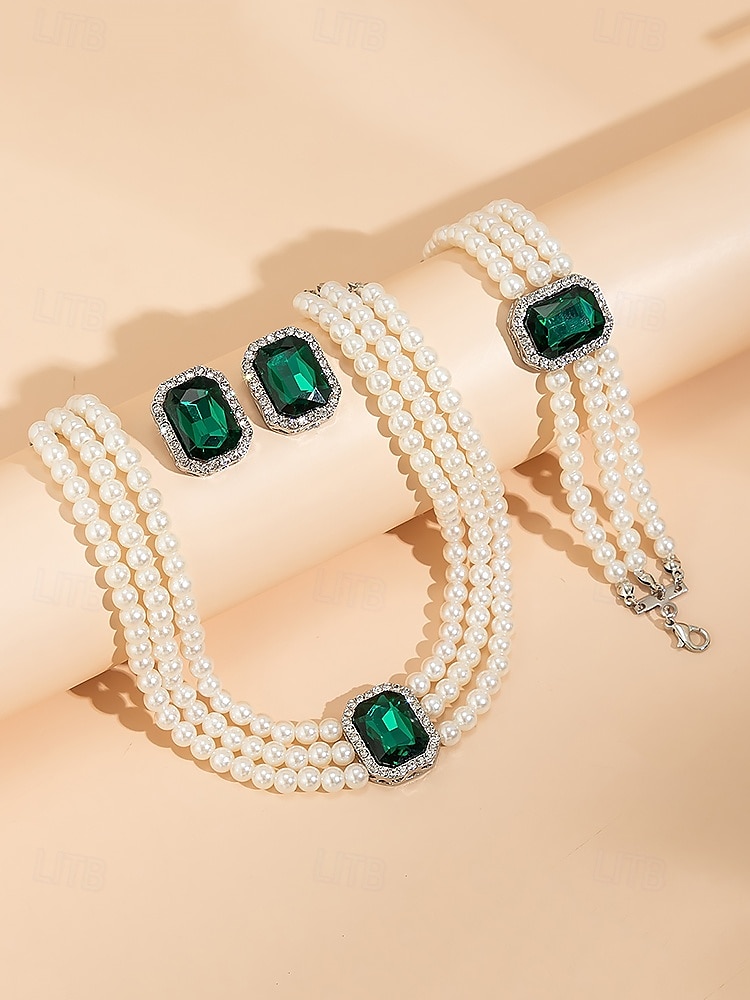 Elegant Women's Pearl Choker Necklace Set with Green Gemstone and Matching Bracelet & Earrings – Formal Occasion Jewelry 2025 - $14.99 –P3