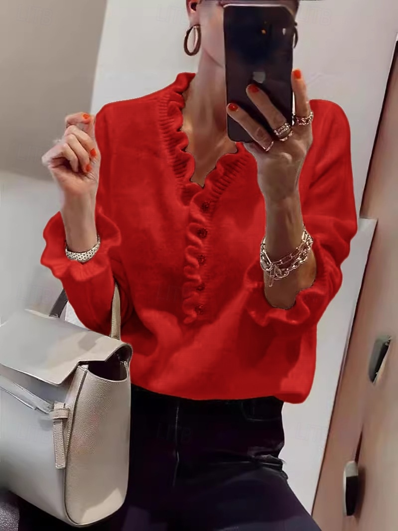 Femme Pull Chandail Elégant du quotidien Couleur unie Col V A Volants manche longue Hauts réguliers Tricoter Travail Blanche Rouge Automne Hiver de 2025 ? $58.99 –P6