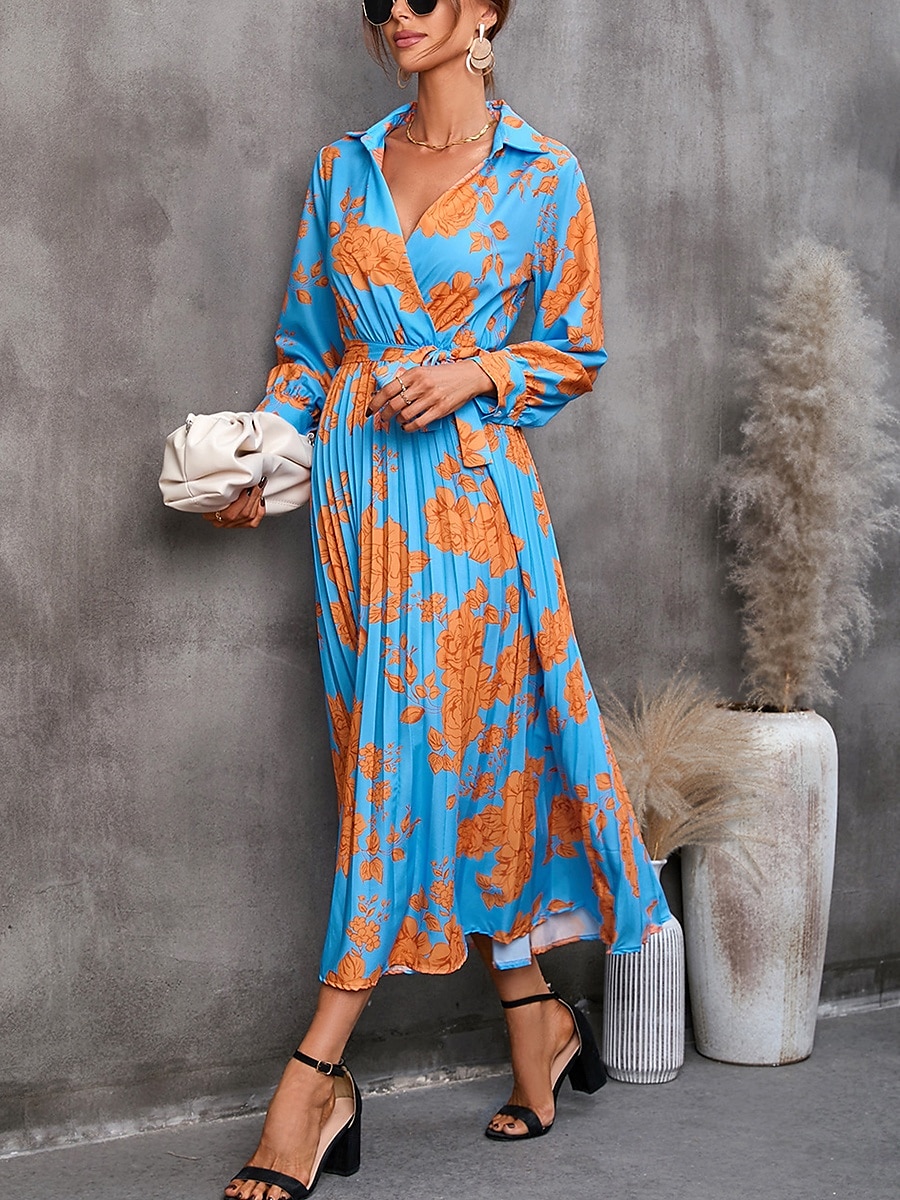 Damen Blumen V-Ausschnitt Midikleid Langarm Frühling Herbst 2025 - $41.99 –P2