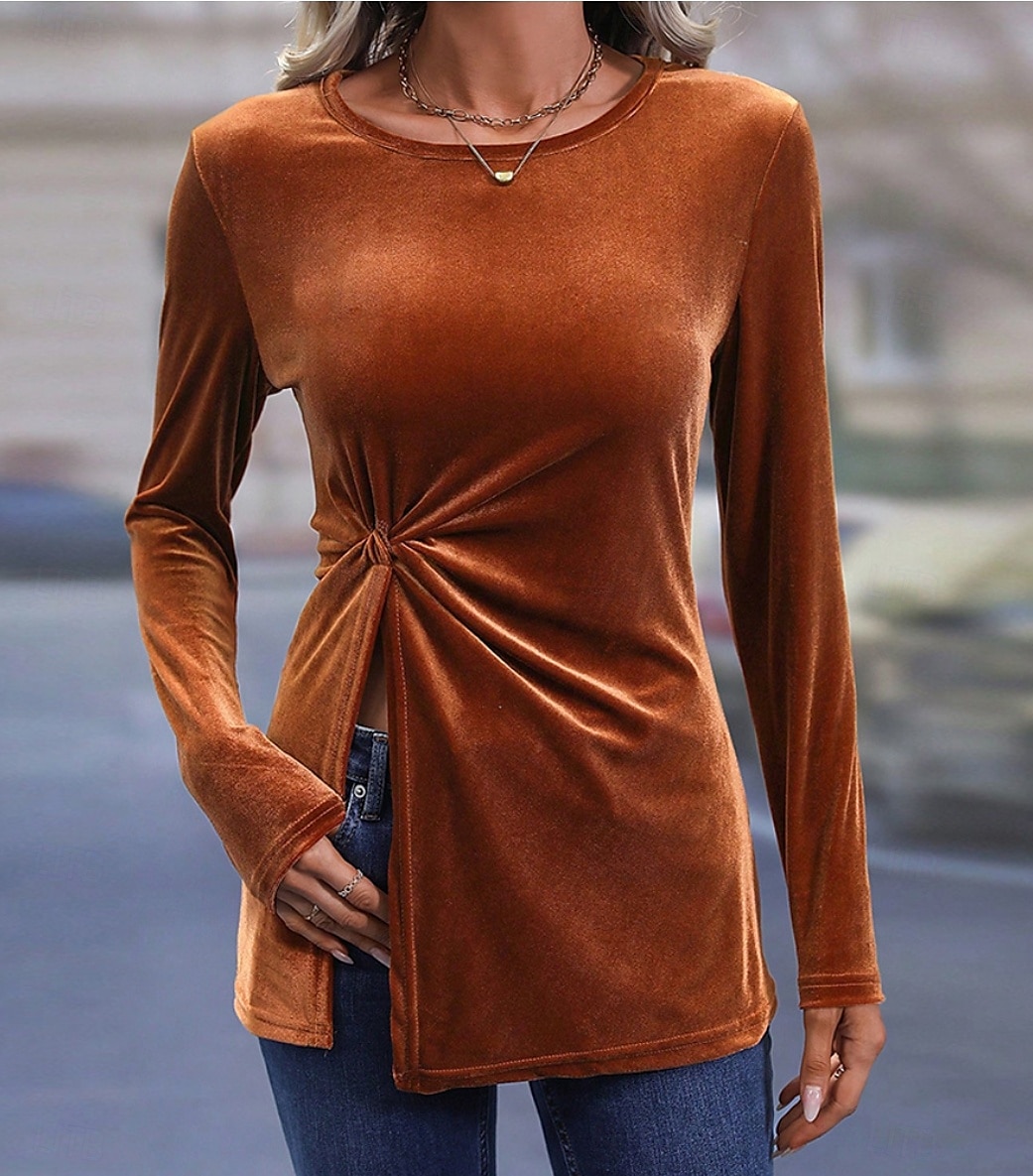 Dame Skjorte Bluse Helfarge Fritid Langermet Biskop Crew-hals Vanlige topper Daglig Tunika Brun Høst Vinter 2025 - $29.99 –P3