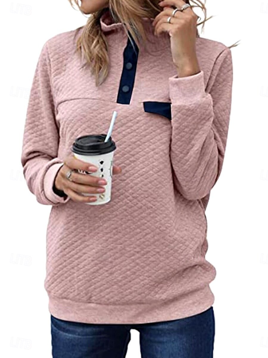 dames sweatshirt casual effen dagelijks gebruik coltrui knopen lange mouw zwart roze grijs herfst winter 2025 - $45.99 –P1