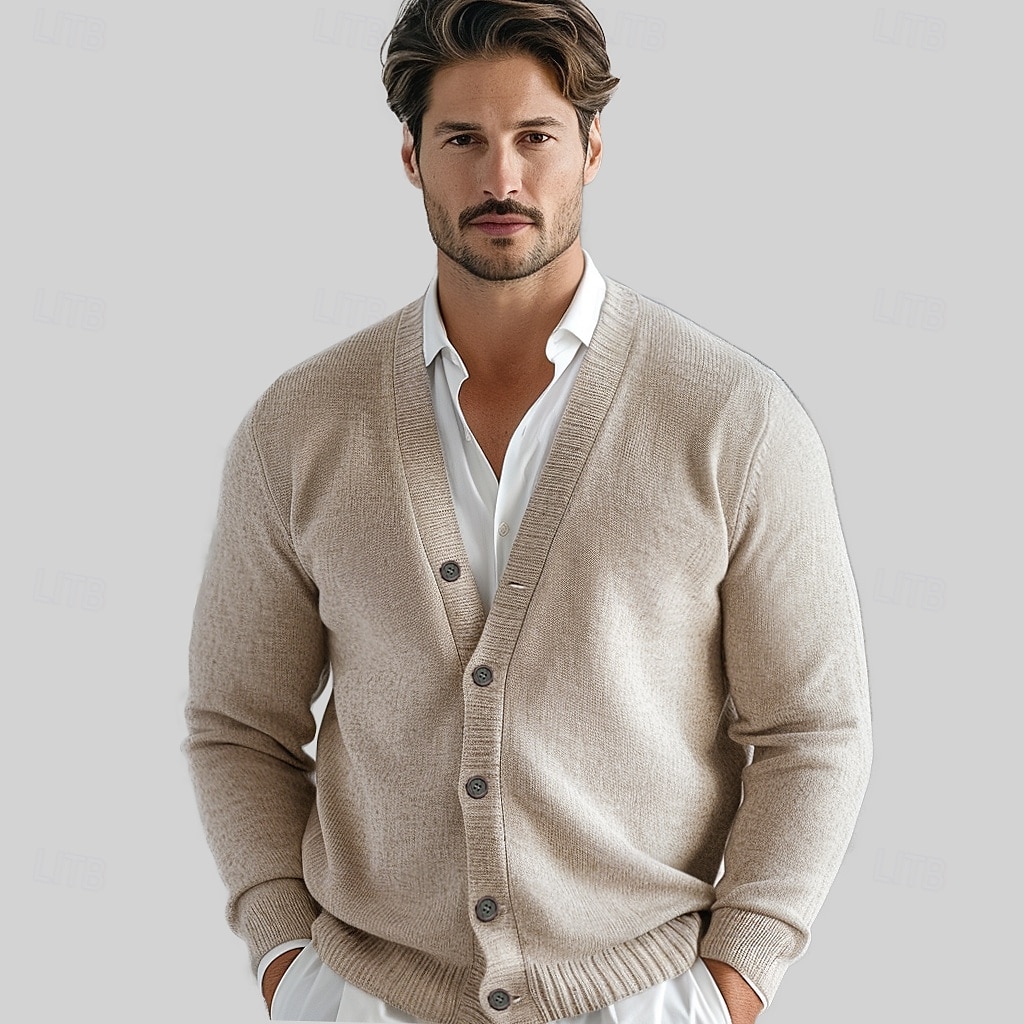 Herre Cardigan Genser Strikke Knepp opp Helfarge V-hals Strikketøy Elegant Skole Trening Klær Biskop Høst Vinter Svart Kakifarget S M L 2025 - $103.99 –P1
