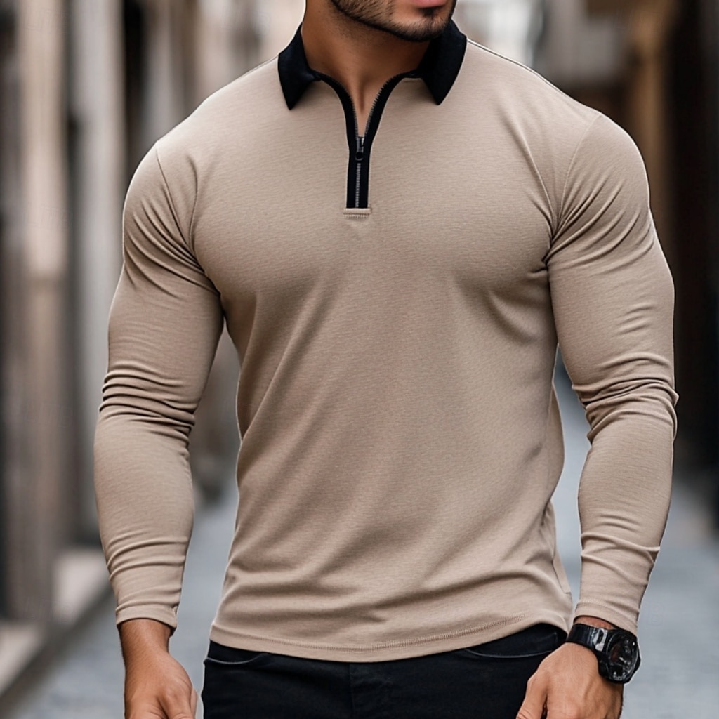 Men's Quarter Zip Polo Golf Shirt Vacation Casual Daily Quarter Zip Long Sleeve Fashion Basic Color Block Front Zipper Spring &  Fall Regular Fit Black White Burgundy Navy Blue Khaki Army Green 2025 - $23.99 –P1