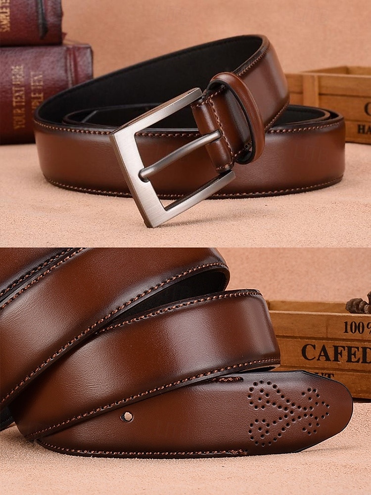 cinto de couro marrom masculino – design de fivela clássico com padrão em relevo, perfeito para uso casual e formal de 2025 por $18.99 –P4