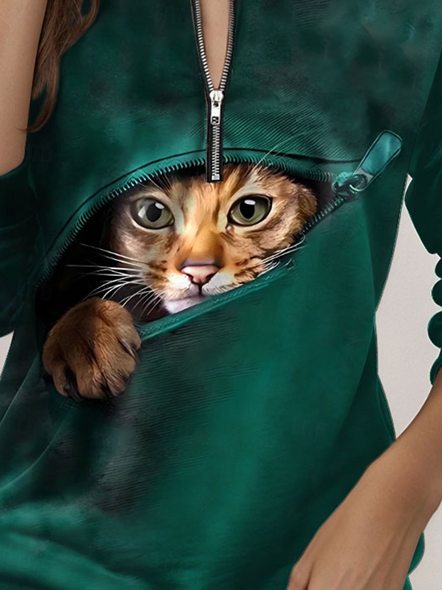 Women's Sweatshirt Cat Street Dailywear Zipper Print Casual Crew Neck Long Sleeve Micro-elastic Fall Winter Comfrt Breathable Soft Fabric 2025 - $27.99 –P3