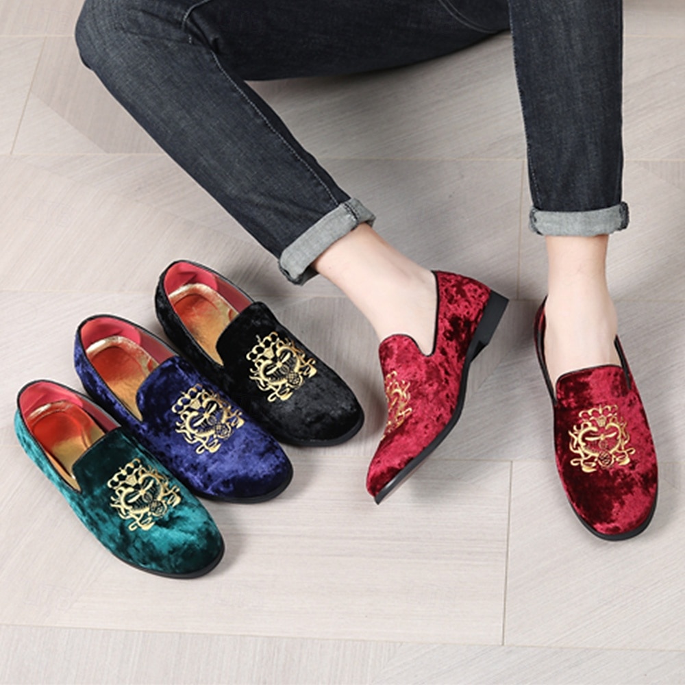 Mocasines de terciopelo azul marino para hombre con bordados dorados: elegantes zapatos sin cordones para eventos formales y fiestas 2025 - $46.99 –P2