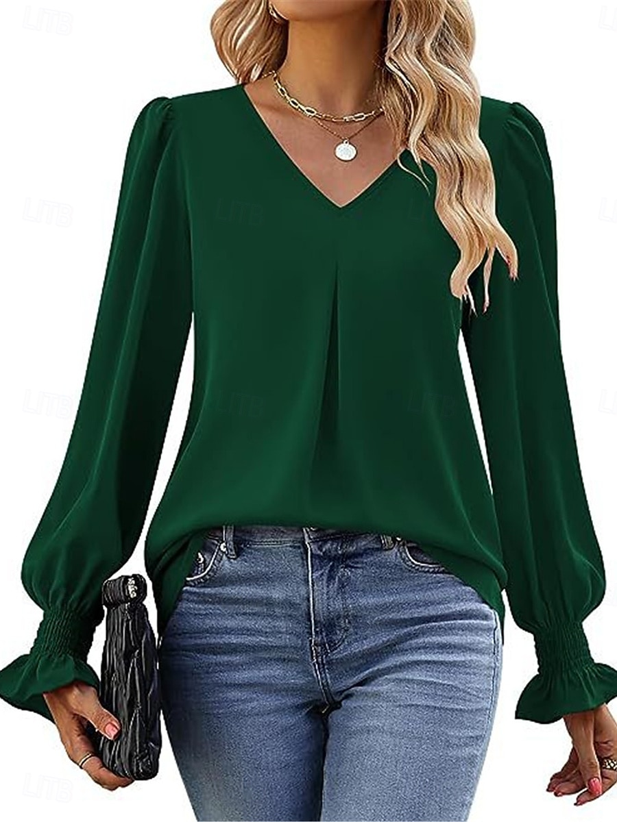 Damen Hemd Glatt Modisch Modern Brautkleider schlicht Langarm V Ausschnitt Normale Oberteile Täglich Wochenende Rüsche Rote Grün Khaki Herbst Winter 2025 - $26.99 –P3
