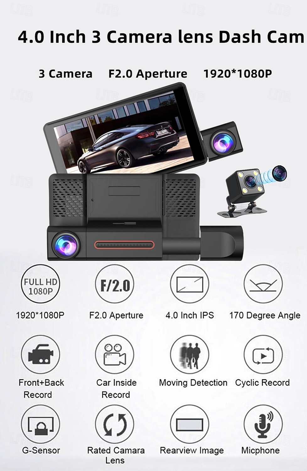 HD Car Dash Camera 3 Cameras 4 Inch LCD Backlit Display 360 Degree Rotatable 170 Degree Wide Angle Night Vision Auto Storage 1080P Car DVR 2025 - $52.99 –P1