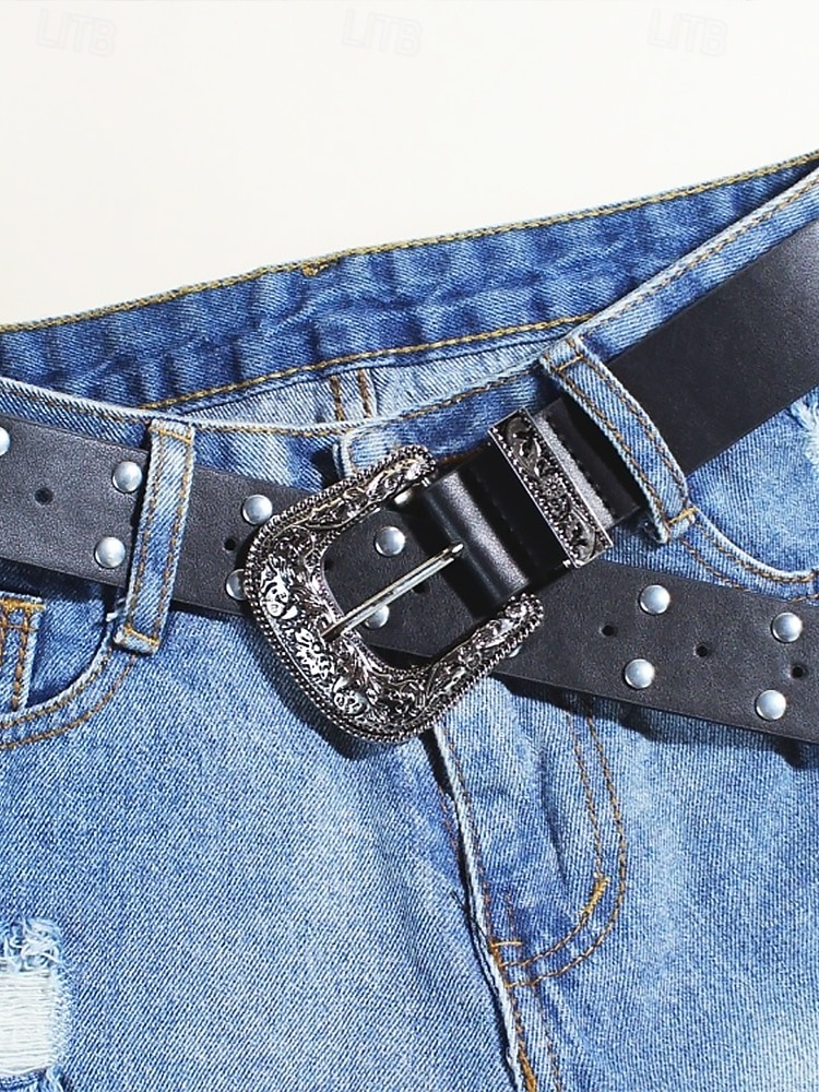 Women's Western Style Belt with Embossed Buckle and Studded Detailing, Faux Leather Adjustable Waist Belt for Casual and Vintage Outfits 2025 - $18.99 –P3