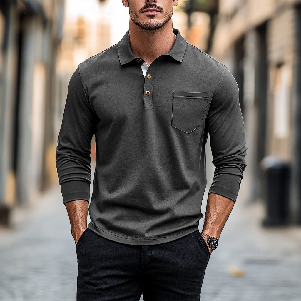 100% Cotton Men's Polo Shirt Golf Polo Formal Work Classic Long Sleeve Color Block Button Summer Spring & Fall Army Green Dark Grey Black Burgundy Navy Blue Polo Shirt 2025 - $27.99 –P4