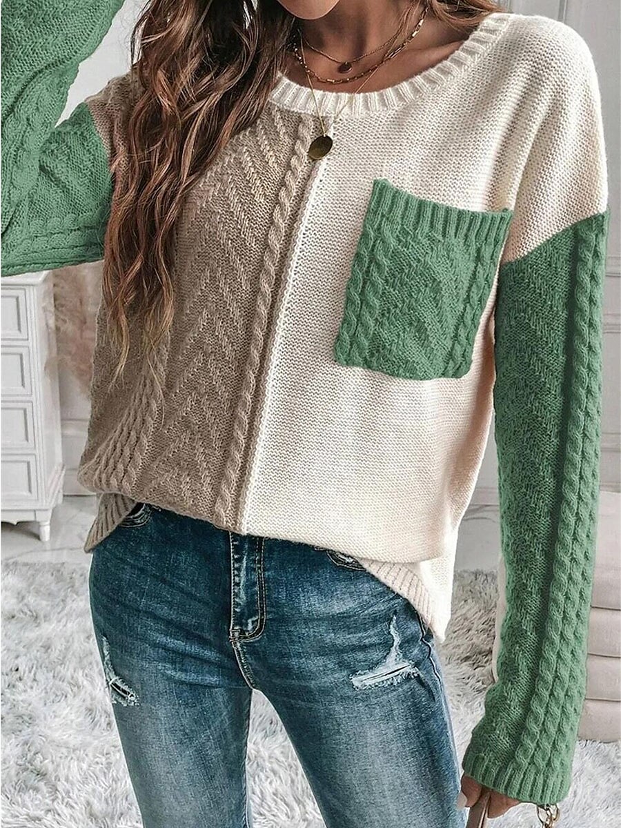 Dam Tröja Pullover tröja Ledigt Mjukt Ren färg Kabel Rund hals Ficka Stickat Långärmad Vanliga toppar Sticka Utomhus Dagligen Helgen Orange Grön Höst Vinter 2025 - $54.99 –P7