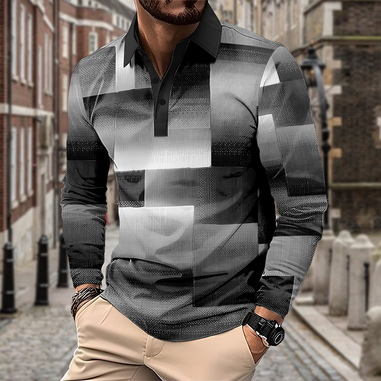 Herr Rutig Pikétröjor Golf pikétröjor Långärmad Polotröjor Krage Business Casual Formell Semester Vardag Friluftskläder Knappar 3D-utskrift Vår Höst vinter Svart Gul Rubinrött 2025 - $23.99 –P4