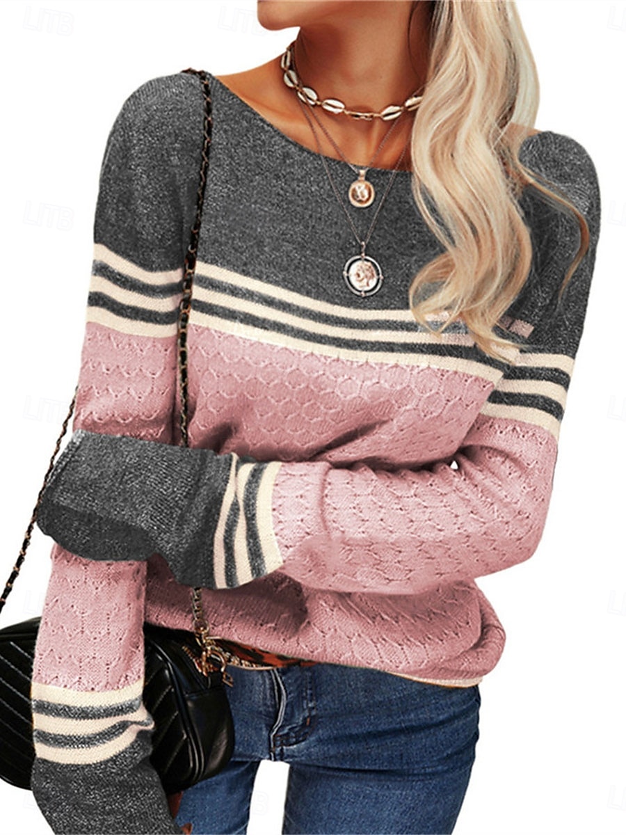 Dame Genser Pullover genser Fritid Myk Stripet Riflet Crew-hals Lapper Strikket Langermet Vanlige topper Strikke utendørs Daglig Helg Rosa Oransje Høst Vinter 2025 - $35.99 –P3