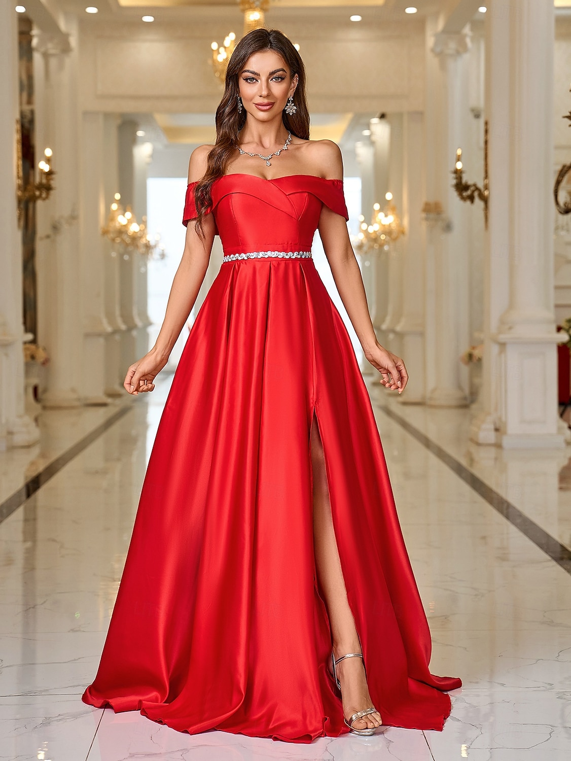 Abito da sera A-Line elegante abito formale strascico  spazzola copertura maniche lunghe off-shoulder tasca satin con strass del 2025 a $118.99 –P4