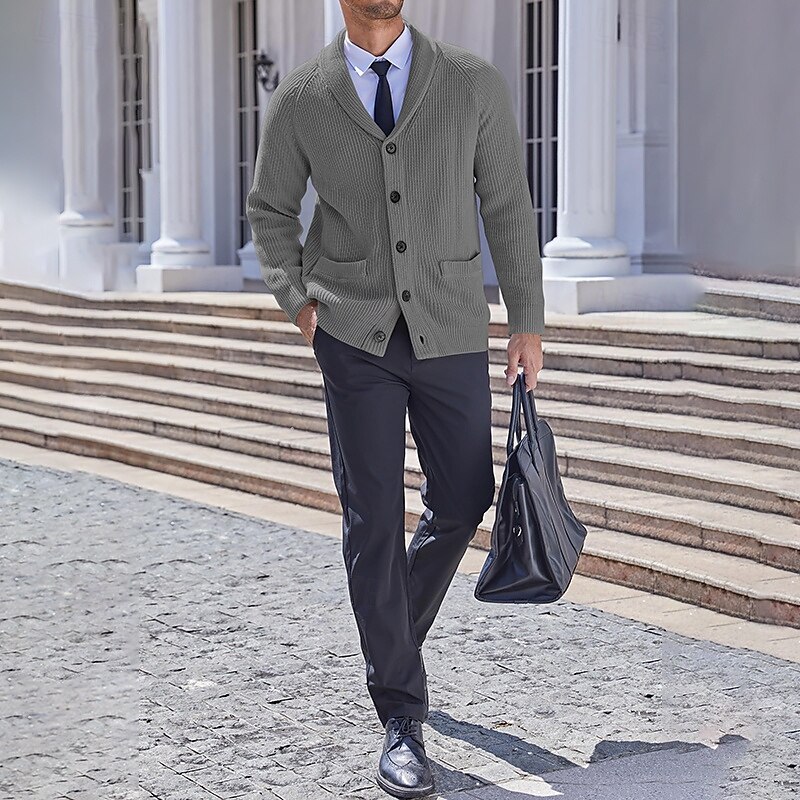 Men's Cardigan Sweater Knit Sweater Ribbed Knit Regular Button Up Side Pockets Solid Color Lapel Fashion Classic Daily Wear Date Clothing Apparel Fall & Winter Black Brown M L XL 2025 - $35.99 –P5