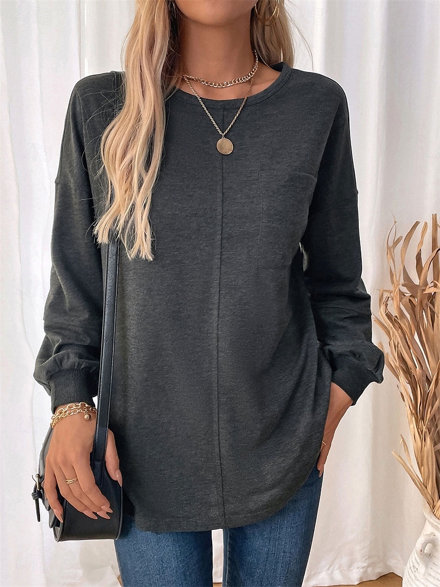 naisten collegepaita rento plain street dailywear pyöreä kaulaprintti pitkähihainen tummanharmaa syksy talvi 2025 - $36.99 –P1
