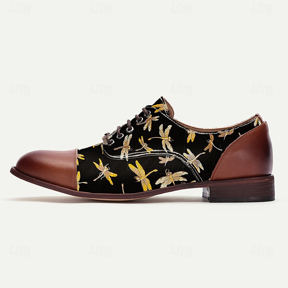 sapatos oxford vintage masculinos com cadarço - preto com tecido jacquard libélula, biqueira e salto de couro sintético marrom, ideais para estilos casuais e retrô de 2025 por $54.99 –P4