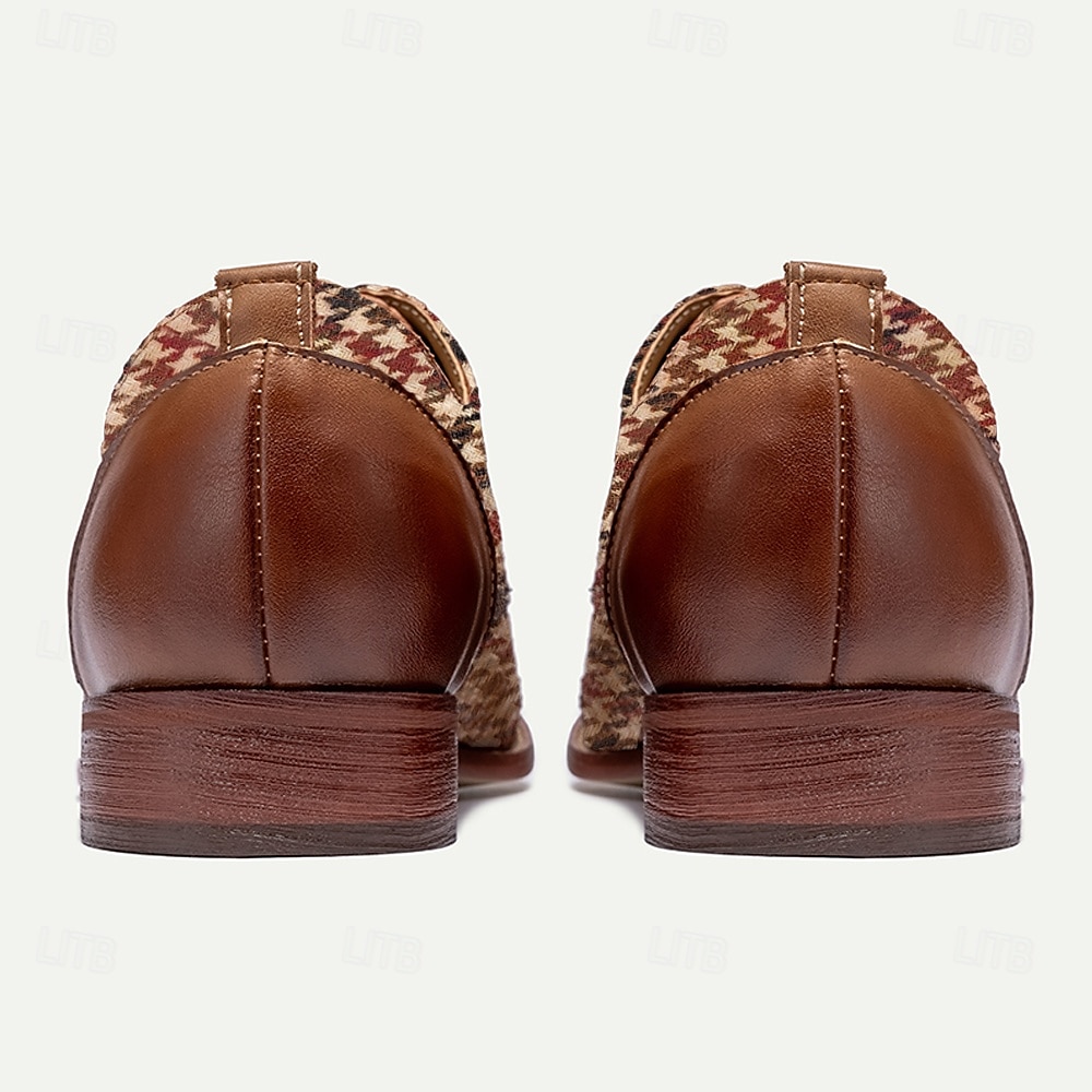 scarpe oxford da uomo con motivo pied de poule - motivo a scacchi marrone e rosso vintage, dettagli in similpelle, perfette per occasioni formali e casual del 2025 a $59.99 –P5