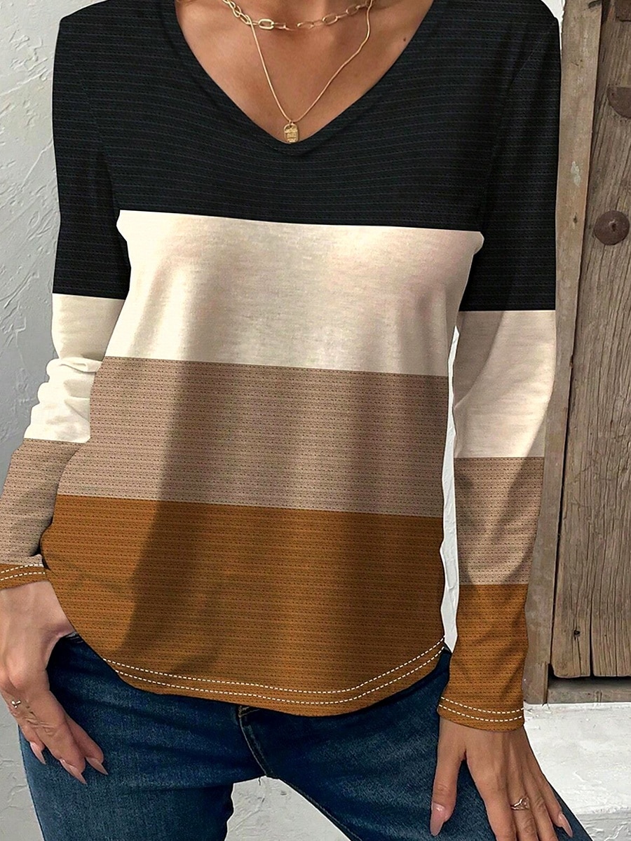 Per donna maglietta A strisce Informale Manica lunga A V Top regolari Giornaliero Stampa Marrone Primavera Autunno del 2025 a $22.99 –P3