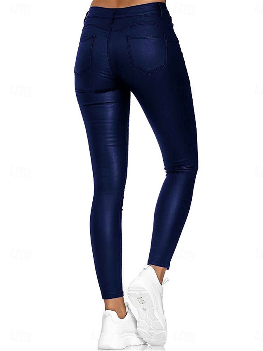 Damen Schlank Lederhosen Strumpfhosen Modisch Strassenmode In voller Länge Hoher Taillenbund Glatt Tasche Hoher Schnitt warm Windundurchlässig Mikro-elastisch Outdoor Strasse Wein Schwarz Blau 2025 - $27.99 –P7