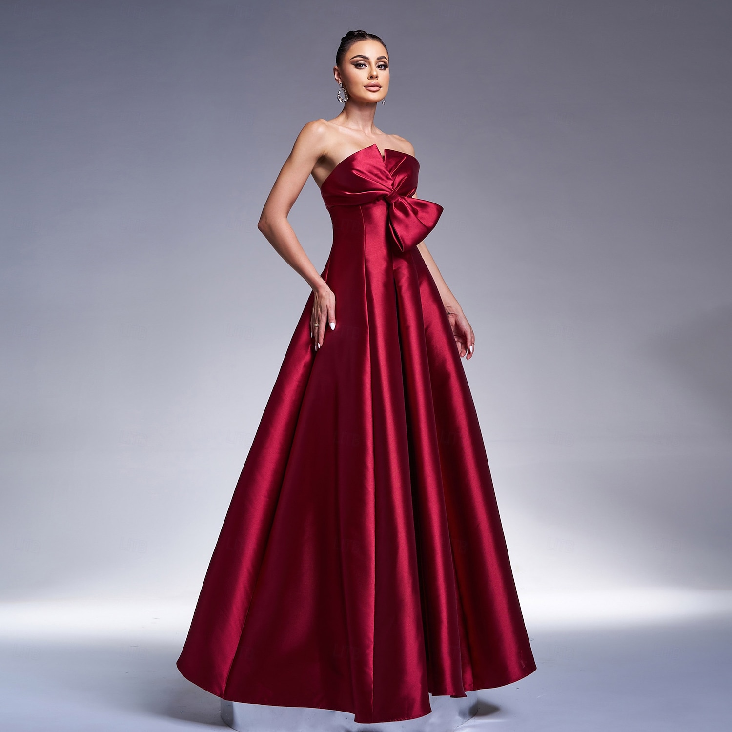 Red Prom Satin A-Line Evening Gown Glittering Dress Formal Floor Length Long Sleeve Strapless with Bow(s) 2024 2024 - GBP £79 –P2