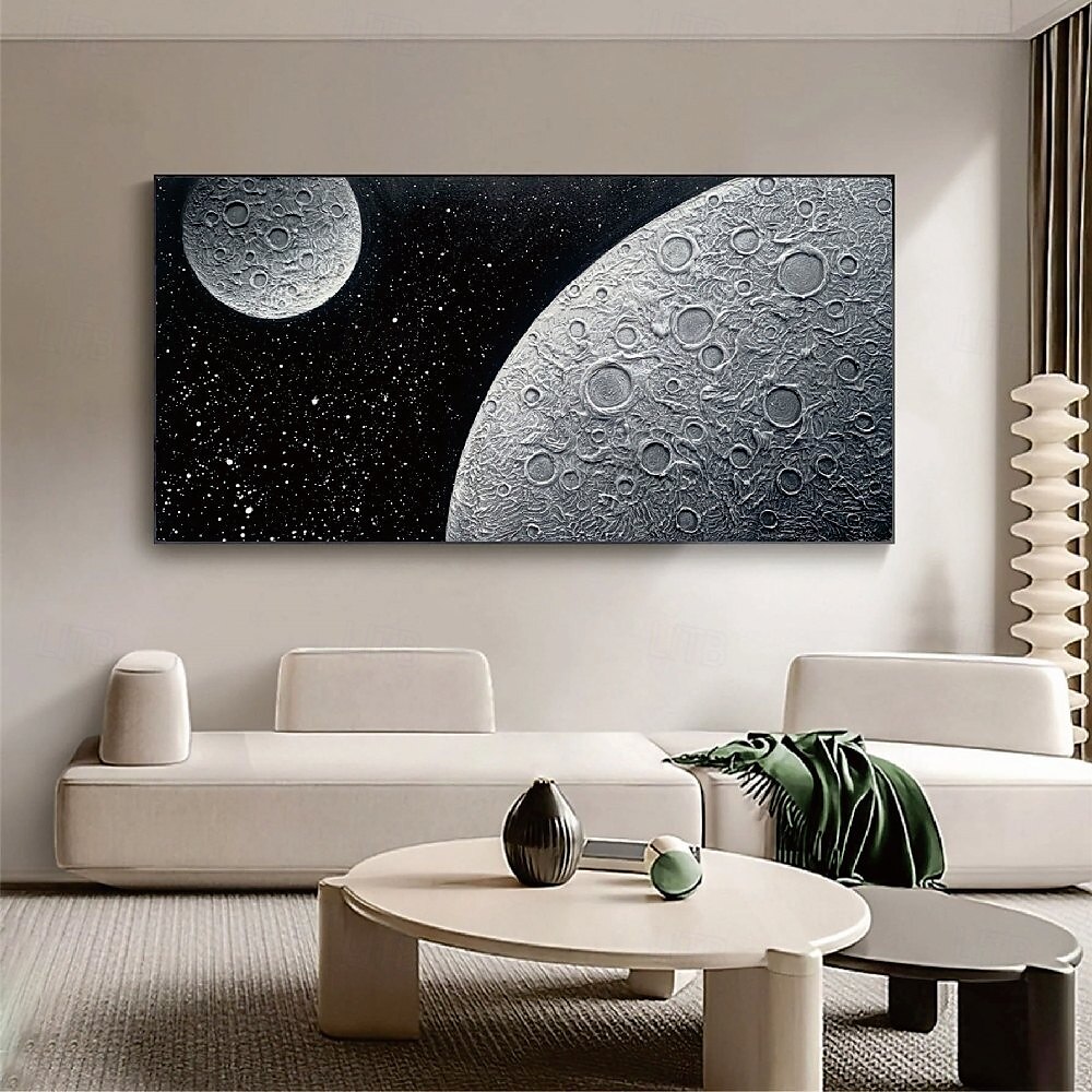 Peinture texturée blanche et noire peinte à la main, surdimensionnée, 3D, abstraite, au clair de lune, grande peinture minimaliste texturée noire et blanche pour décoration murale de salon, de chambre de 2025 ? $75.99 –P3