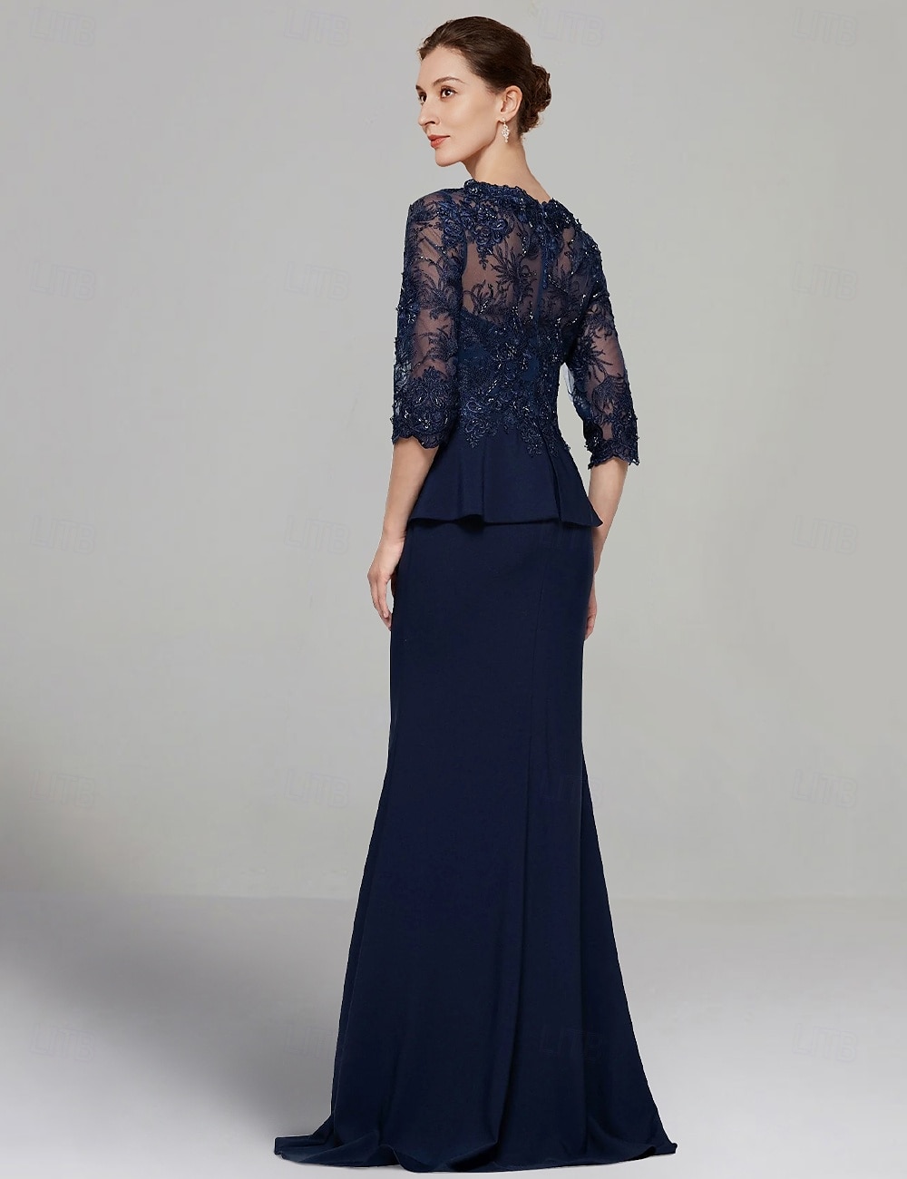 Schich Kleid Mutter-der-Braut Kleid Elegantes V-Ausschnitt bodenlang Stretch-Chiffon 3/4-lange Ärmel mit Spitzenfalten einfarbig 2025 - $184.99 –P2
