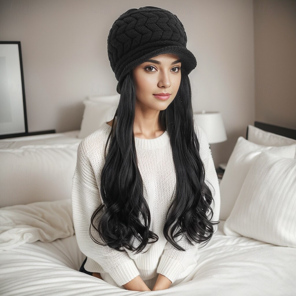 Gorro con peluca y extensiones de pelo largo y ondulado, gorro de punto con pompón para mujer, color negro, para invierno 2025 - $26.99 –P8