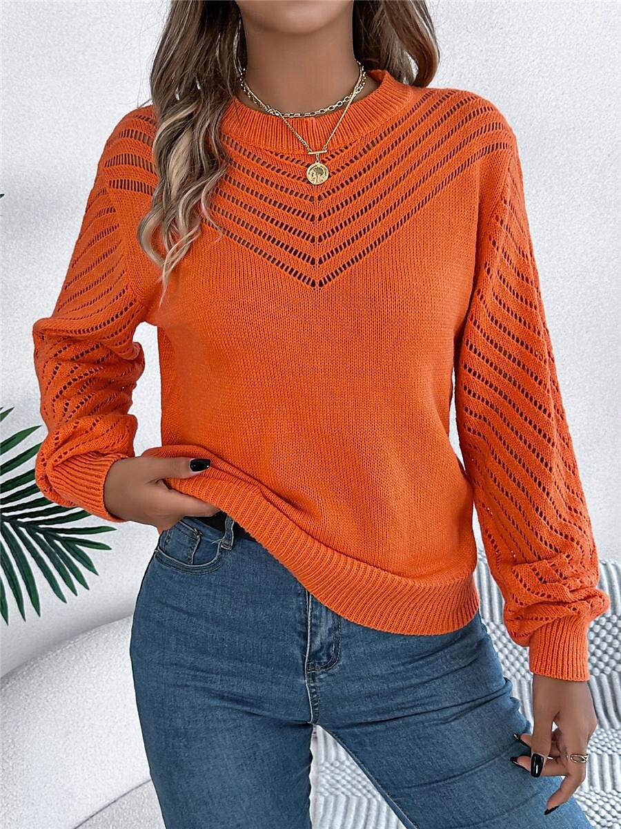 Per donna Felpa Pullover Maglione Informale Morbido Colore puro A coste Girocollo Traforato Lavorato a maglia Manica lunga Top regolari Maglia Esterno Giornaliero Fine settimana Bianco Arancione del 2025 a $45.99 –P7