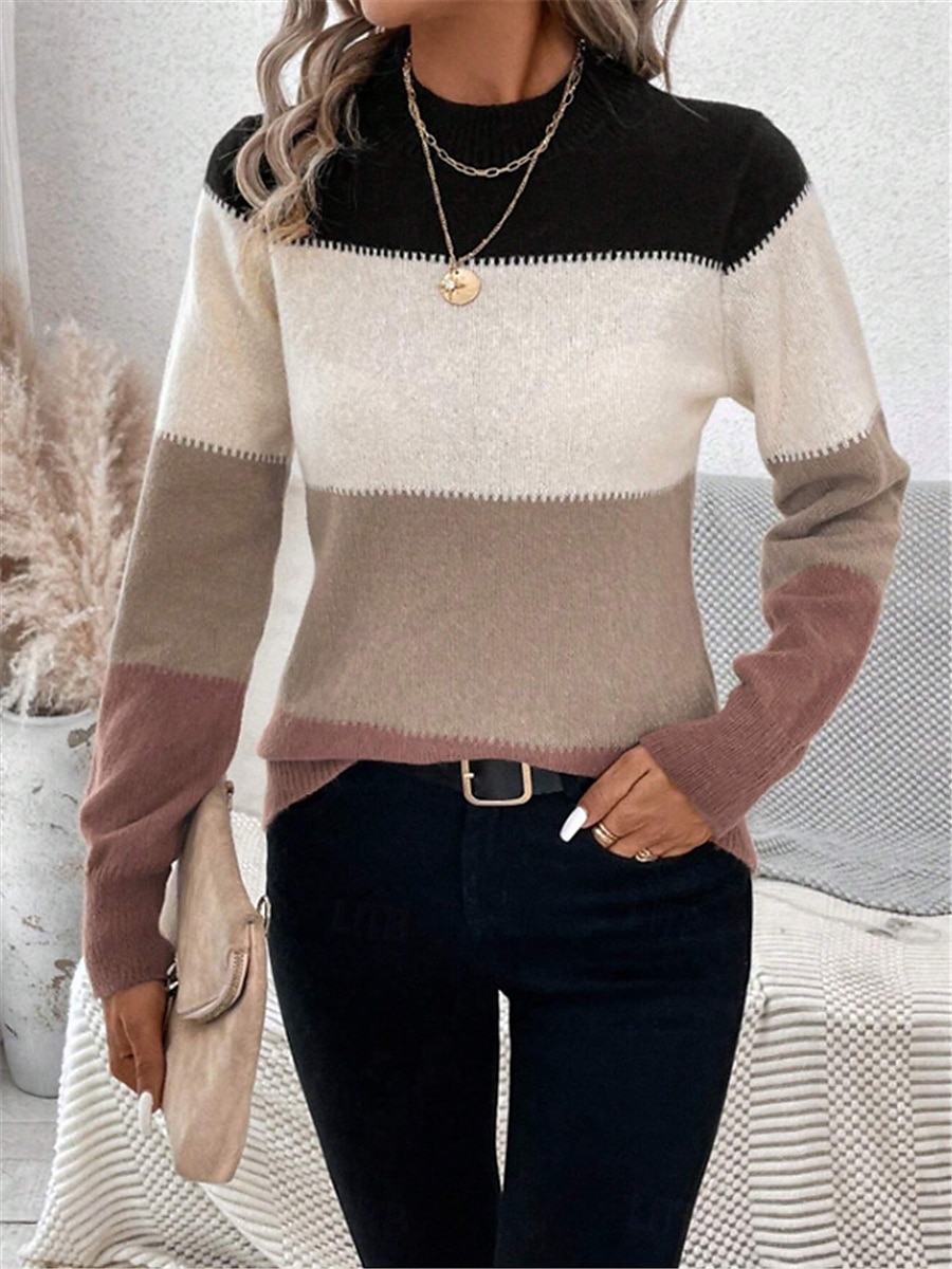 Femme Pull Chandail Pull Décontractées Flexible Rayé A côtes Col Ras du Cou Tricoté manche longue Hauts réguliers Tricoter Extérieur du quotidien Fin de semaine Chameau Abricot Automne Hiver de 2025 ? $41.99 –P1