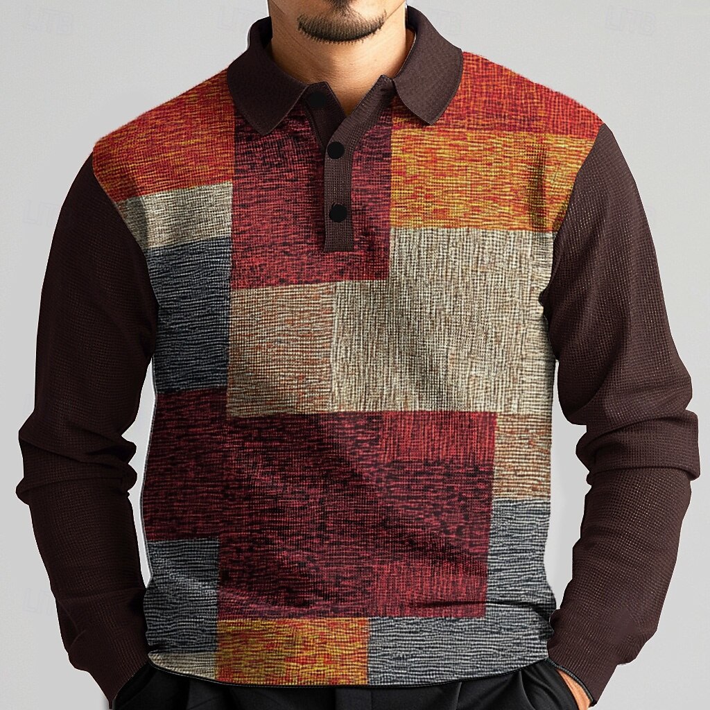 Herren Karomuster Waffel-Poloshirts Golfshirt Langarm Polo-Shirts Hemden mit Kragen Vintage Lässig Urlaubskleidung Formelle Kleidung Festivalkleidung Knöpfe 3D-Druck Frühling Herbst Winter Braun 2025 - $23.99 –P1