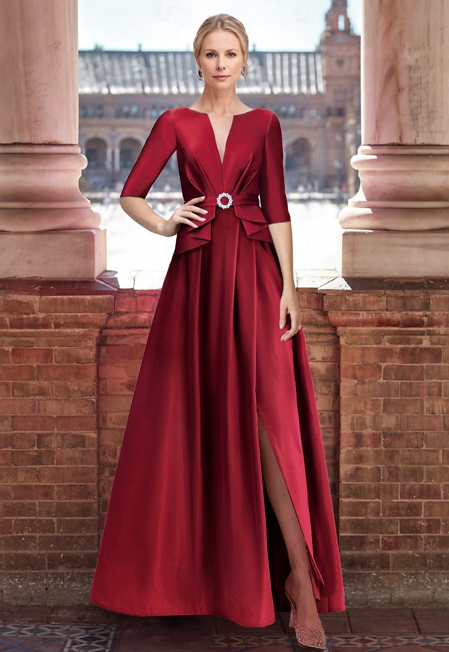 Abito da Sera A-Line Elegante Abito Formale Lunghezza Piante Manica Mezza Collo a V Tasca in Satin con Zirconi 2025 del 2025 a $171.99 –P1