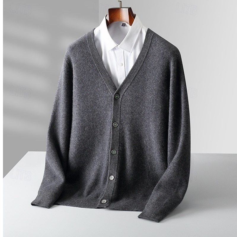 Herre Cardigan Genser Strikke Knepp opp Helfarge V-hals Strikketøy Elegant Skole Trening Klær Biskop Høst Vinter Svart Kakifarget S M L 2025 - $103.99 –P5