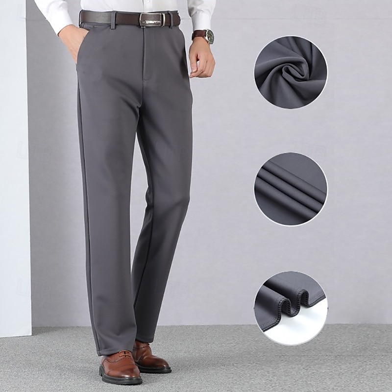 pantaloni de rochie pentru bărbați, negru, gri, groși, lungi, culoare uni, elasticitate ridicată, potrivire standard caldă 2024 2025 - $33.99 –P1